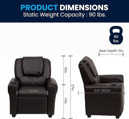 Flash Furniture Vana LeatherSoft Kids Recliner with Cup Holder, Headrest, and Safety Recline, Contemporary Reclining Chair for Kids, Supports up to 90 lbs., Brown
