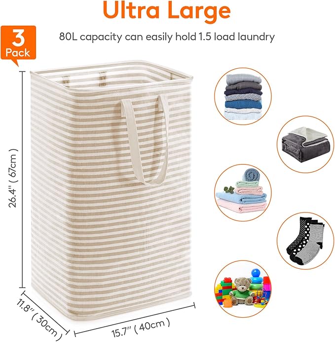 Lifewit 3 Pack Laundry Basket 80L Each, Collapsible Clothes Hamper with Reinforced Handles, Freestanding Waterproof Design for Bedroom and Laundry Room, Beige 240L Total