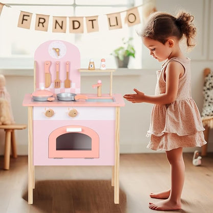 Wooden Pink Kitchen Playset,Kids Play Kitchen Utensils, Accessories for Pretend Play Kitchen Set, Montessori Learning Toy, Pretend Cooking Playset, for 3+ Girls