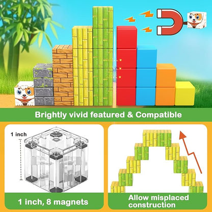 Gooidea Large Magnetic Blocks 1" Building Cubes Toys for Kids Ages 4-6 5-7 8-12, Magworld Bamboo House Building Craft Construction Toy Set, Creative Sensory Toys Game Gift for 3+ Year Old Boys Girls