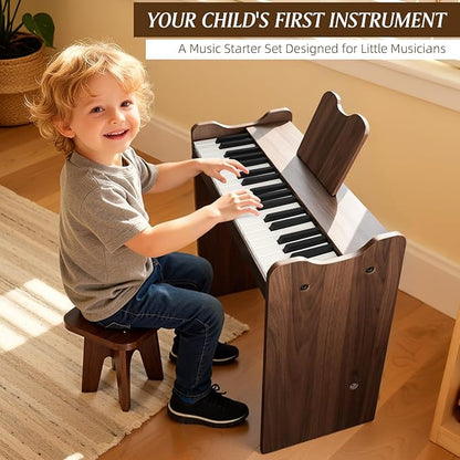 Kids Piano Keyboard, 37 Keys Digital Wood Piano with Stool Musc Stand Toddler Music Educational Instrument Toy, Xmas Birthday Gifts for 3+ Girls Boys