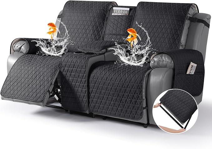 TAOCOCO 100% Waterproof Recliner Cover -Loveseat Recliner Cover with Center Console,Non-Slip Reclining Couch Covers for 2 Seat,with Elastic Straps Pocket for Kids, Dogs, Pets (Black, 2 Seater XL)