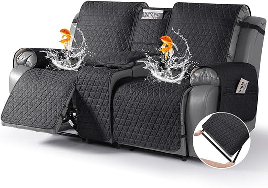 TAOCOCO 100% Waterproof Recliner Cover -Loveseat Recliner Cover with Center Console,Non-Slip Reclining Couch Covers for 2 Seat,with Elastic Straps Pocket for Kids, Dogs, Pets (Black, 2 Seater XL)