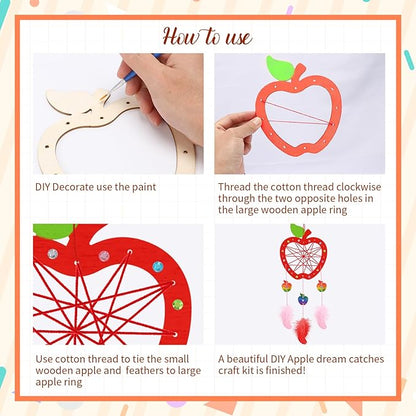 Fennoral 6 Pack Apple Dream Catcher Craft Kit for Kids Paint You Own Dream Catcher DIY Coloring Wooden Back to School Art and Craft for Classroom Art Activity First Day of School Decoration