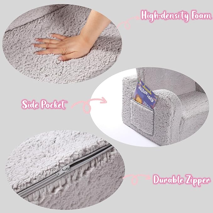 Kids Chairs for Toddler, 2-in-1 Toddler Soft Sherpa Couch Fold Out, Convertible Sofa to Lounger for Girls and Boys, Grey
