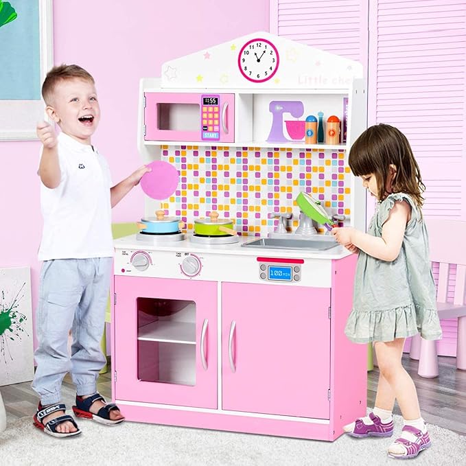 FFlyer Kids Kitchen Playset, Wooden Pretend Cooking Playset w/Cookware Accessories, Removable Sink, Microwave, Display Shelf, Toddler Pretend Play Kitchen Toy, Best Gift for Girl, Pink