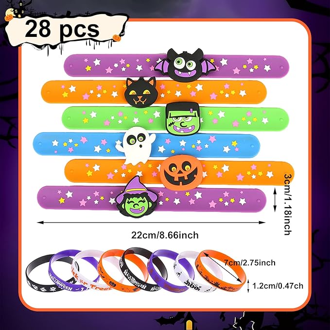 28 PCS Halloween Party Favors Silicone Bracelets Rubber Wristbands 3D Slap Bracelets Toys for kids, Halloween Favors for Boys Girls Treat Bags Children Persents Bags Filler