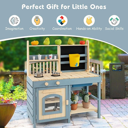 Costzon 2 in 1 Mud Kitchen, Fir Wood Outdoor Play Kitchen & Grocery Store w/Removable Sink, Water Box & Faucet, Stoves, Storage Bag, Metal Baskets, Double-Sided Kids Kitchen Playset for Boys Girls 3+