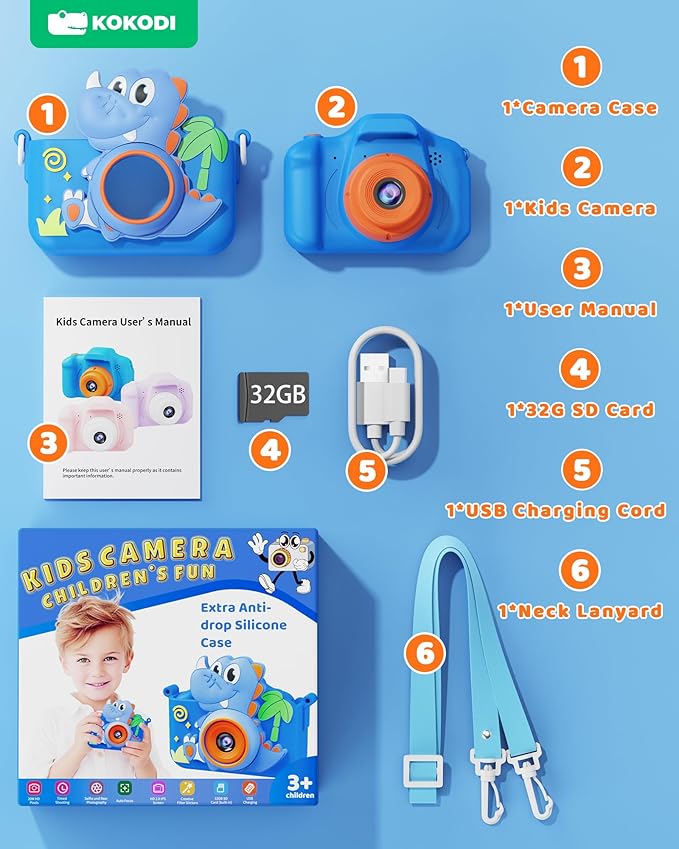 KOKODI Kids Camera Toy Digital Camera for Kids, Dinosaurs Birthday Gifts for Boys Age 3-12, 1080P HD Video Camera for Toddler, Children Toys for 3 4 5 6 7 8 9 Year Old Boys with 32GB SD Card