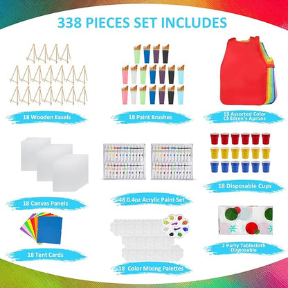 338 Pcs Art Painting Kit Supplies Set for Kids to Party - 180 Paint Brushes, 48 Acrylic Paints, 18 Wood Easels & Canvas Panels & Palettes & Aprons & Wash Pen Cup, 2 Plastic Tablecloth