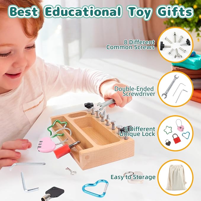 Montessori Screwdriver Board Set Lock and Key Toys Kids Tools Nuts and Bolts Montessori Toys for 3 4 5 Year Old Learning Practical Life Materials Fine Motor Skills Occupational Therapy Games