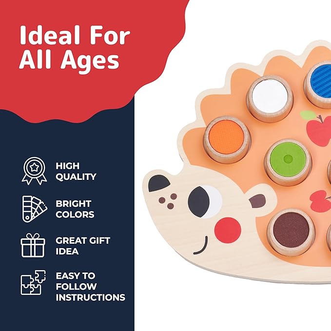 PREXTEX Sensory Hedgehog Toys for Toddlers - Montessori Color Sorting Toys - Includes 1 Wooden Board and 10 Colored Sensory Blocks - for Ages 12 Months and Up - Educational Toy - 1.5x12.9x10.7 in