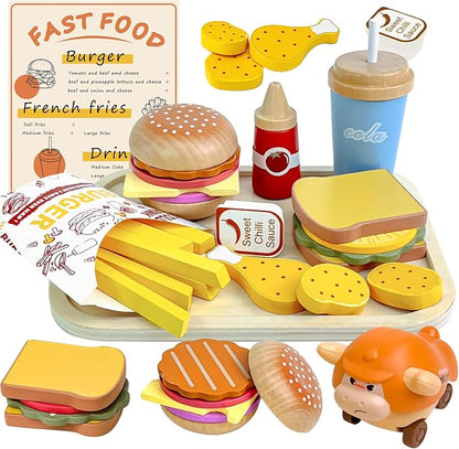 Wooden Play Food Set for Kids, Pretend Fast Food Playset, Wooden Hamburger French Fries Toy, Play Kitchen Accessories for Toddlers with Car Toy, Educational Toys Gift for Boys Girls