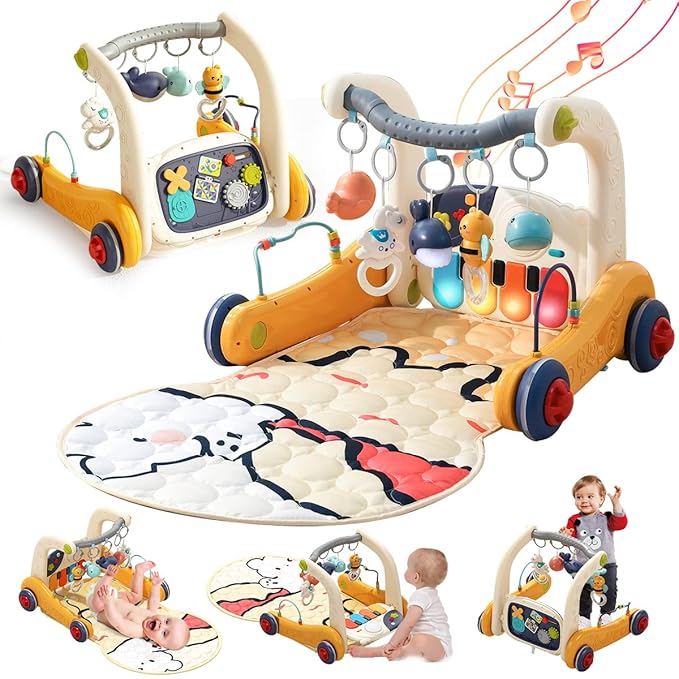 Baby Play Mat Gym,4-in-1 Kick and Play Piano Tummy Time Mat Learning Walker-Musical Activity Center with Lights Seat and Push Walkers Ideas for Baby Newborn 6-12 18 Months Boy Girl