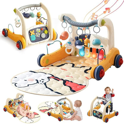 Baby Play Mat Gym,4-in-1 Kick and Play Piano Tummy Time Mat Learning Walker-Musical Activity Center with Lights Seat and Push Walkers Ideas for Baby Newborn 6-12 18 Months Boy Girl