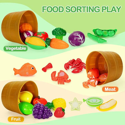 Play Food Set for Kids Kitchen- 68 Pcs Kitchen Food Toy for Toddlers, Cutting & Color Sorting Fake Food/ Fruit/ Vegetable Accessories, Birthday Gifts for 2 3 4 5 Years Old Boys Girls