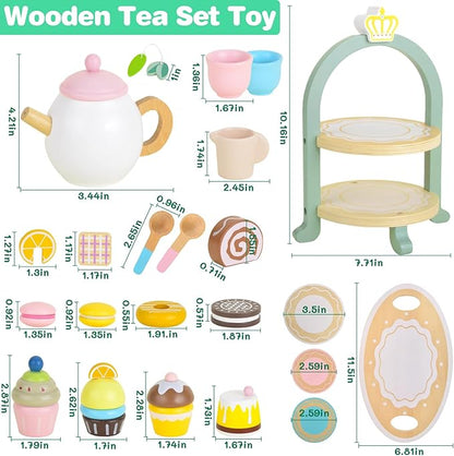 Wooden Tea Party Set, Toddler Tea Set for Little Girls 3-5 with Picnic Mat & Cupcake Stand & Play Kitchen Accessories, Wooden Toys for Toddlers 2 3 4 5 6 Years Old for Garden Picnics and Parties