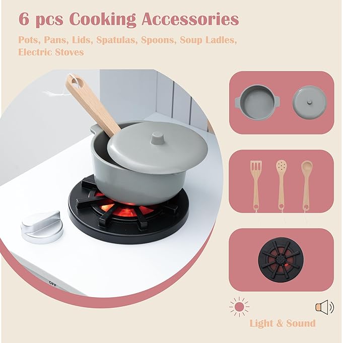 Play Kitchen for Kids, Wooden Kids Play Kitchen Playset Chef Pretend Play Set for Toddlers with Real Lights & Sounds, Toys Kitchen with 6pcs Cooking Accessories