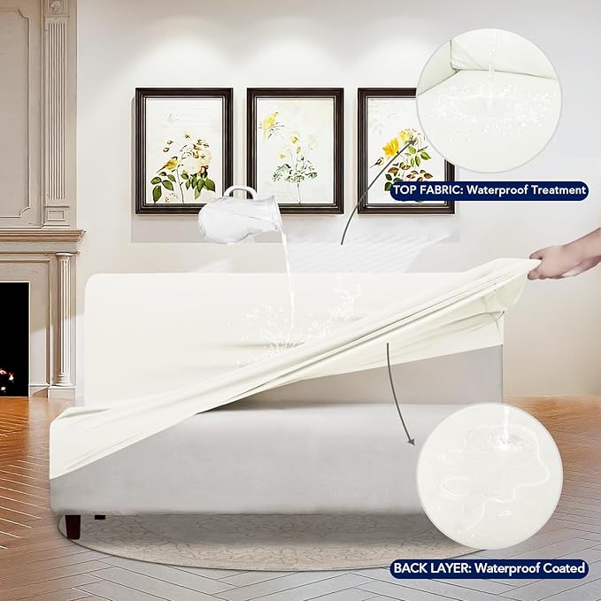 PureFit 100% Dual Waterproof Futon Cover, Waterproof Couch Cover for Futon - Stretch Non Slip Fleece Sofa Covers Washable, Leakproof Furniture Protector for Kids, Pets, Dog (Futon, Beige)