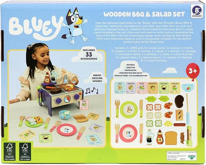 Bluey – Wooden BBQ and Salad Set, 33-Piece Colorful Playset with Tongs and Food Pieces – Realistic Role-Play & Imaginative Fun for Ages 3 Years and Up