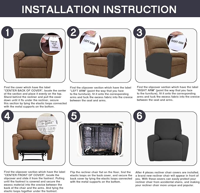 NILUOH Recliner Cover 4 Pieces Stretch Jacquard Recliner Chair Cover with Side Pocket Anti-Slip Fitted Washable Reclining Chair Protector with Elastic Bottom for Kids, Pets, Dogs