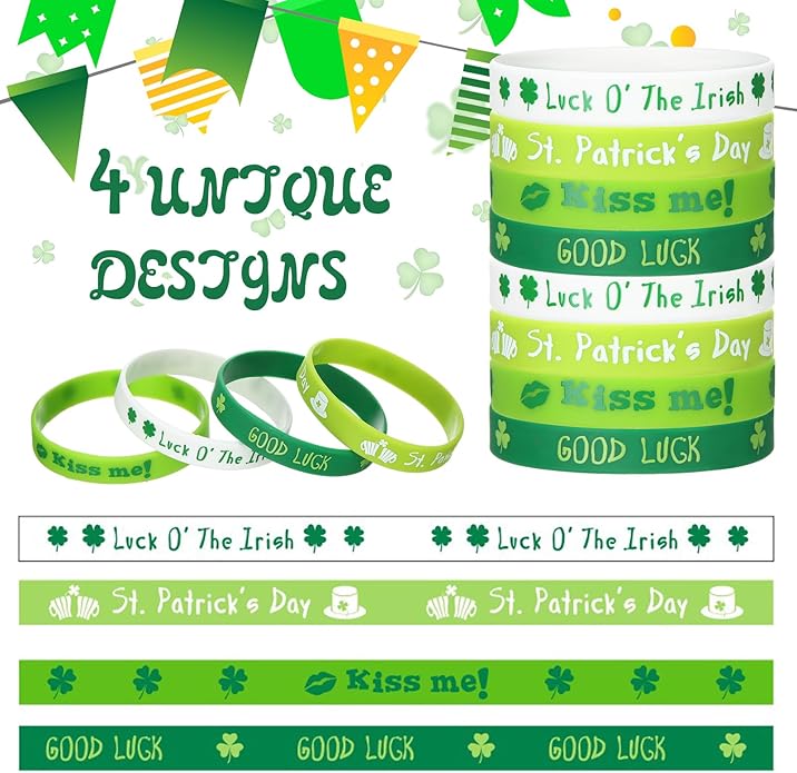 Quelay St. Patrick's Day Rubber Bracelets Irish Silicone Wristbands for St. Patrick's Day White Green Shamrock Rubber Bracelet Bangle for Party Accessories Favors Gifts Supplies