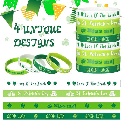 Quelay St. Patrick's Day Rubber Bracelets Irish Silicone Wristbands for St. Patrick's Day White Green Shamrock Rubber Bracelet Bangle for Party Accessories Favors Gifts Supplies