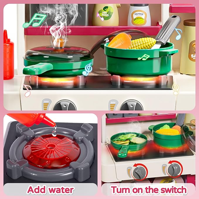 Letapapa Kids Play Kitchen Set, Kitchen Toys with Realistic Sound & Light, Cooking Stove, Sink, Play Food and Kitchen Accessories, Kitchen Playset Gifts for Toddlers Girls Boys(Red)