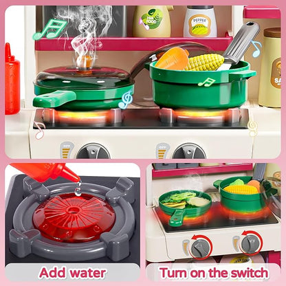Letapapa Kids Play Kitchen Set, Kitchen Toys with Realistic Sound & Light, Cooking Stove, Sink, Play Food and Kitchen Accessories, Kitchen Playset Gifts for Toddlers Girls Boys(Red)