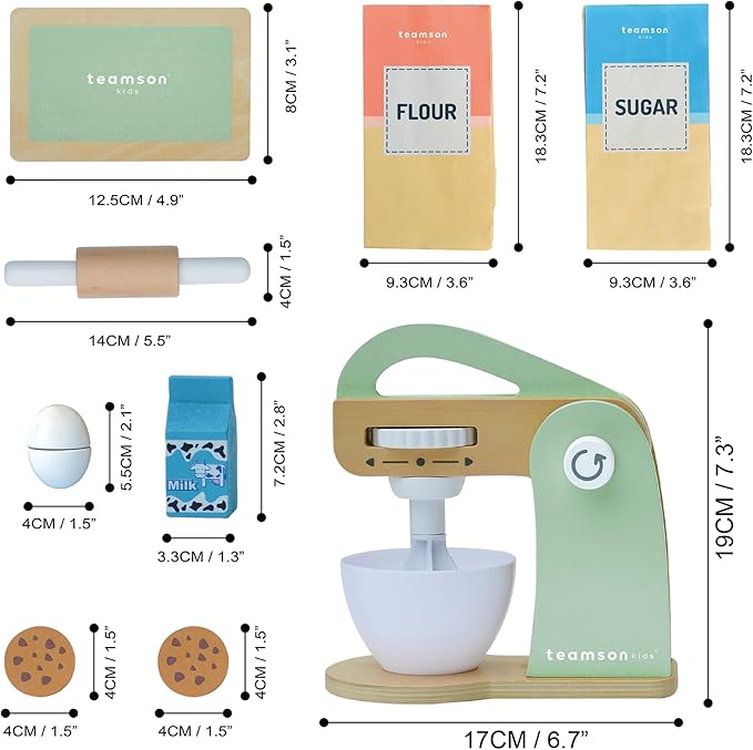 Teamson Kids Little Chef Frankfurt 10 Piece Wooden Cookie Baking Play Kitchen Mixer Accessory Set with Pretend Food and Ingredients, Green