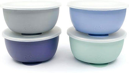 Elk and Friends Stainless Steel Bowls with Silicone Sleeve for Babies & Toddlers | Lids Included | Stay Put Suction | Cereal & Snack Bowls | 4 Pack