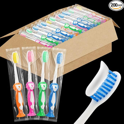 Disposable Toddler Toothbrush Kids Pack of 200,Manual Suction Cup Bulk Kids Toothbrushes Individually Wrapped Animal Toothbrush for Kids,Childrens,for Home,School,Camp,Daycare,Travel