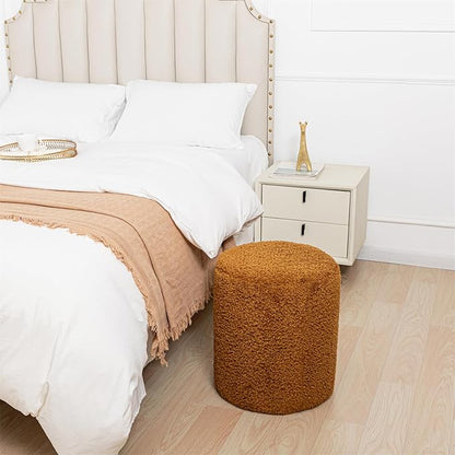 Round Ottoman Soft Chair 14.6x14.6x18 Inches Boucle Ottoman Multifunctional Vanity Chairs for Makeup Fluffy Fur Ottoman Stool Pouf Footrest Stool for Living Room Bedroom (Coffee)