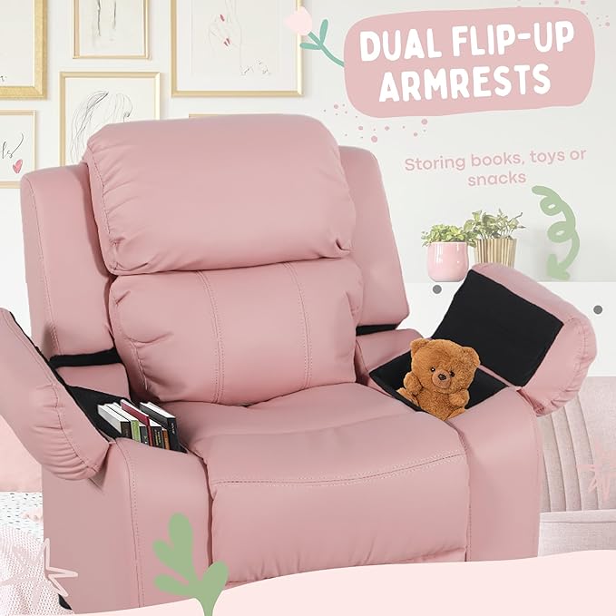 Macaron Kids Reclining Chair Recliner Dual Storage Armrest Leather Sofa Toddler Youth Children Child Ages 2-8