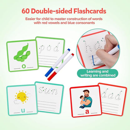 Wooden Reading Alphabet CVC Word Spelling Games Short Vowel Sight Words Flash Cards Preschool Kindergarten Learning Activities Montessori Educational Toy Gift for Kids 3 4 5 Years Old