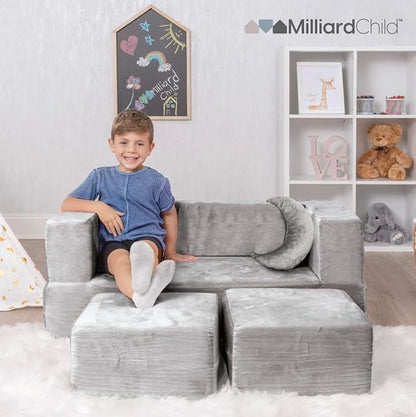 Milliard Kids Couch - Modular Kids Sofa for Toddler and Baby Playroom/Bedroom Furniture (Grey) with Bonus Pillow