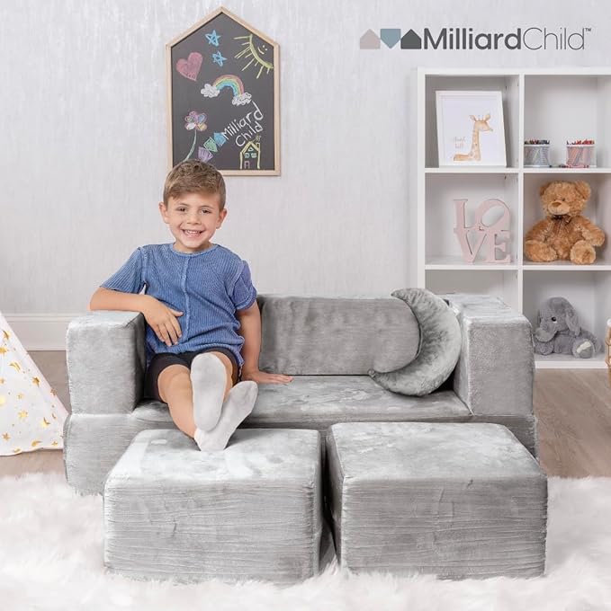 Milliard Kids Couch - Modular Kids Sofa for Toddler and Baby Playroom/Bedroom Furniture (Grey) with Bonus Pillow