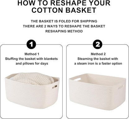 OIASKET Large Storage Basket for Organizing, Woven Rope Basket for Shelves, Closet Organizer Bins for Clothes, Blanket, Toys, Baby Nursery Storage, 17.7" x 13" x 7.87", 2 Packs White