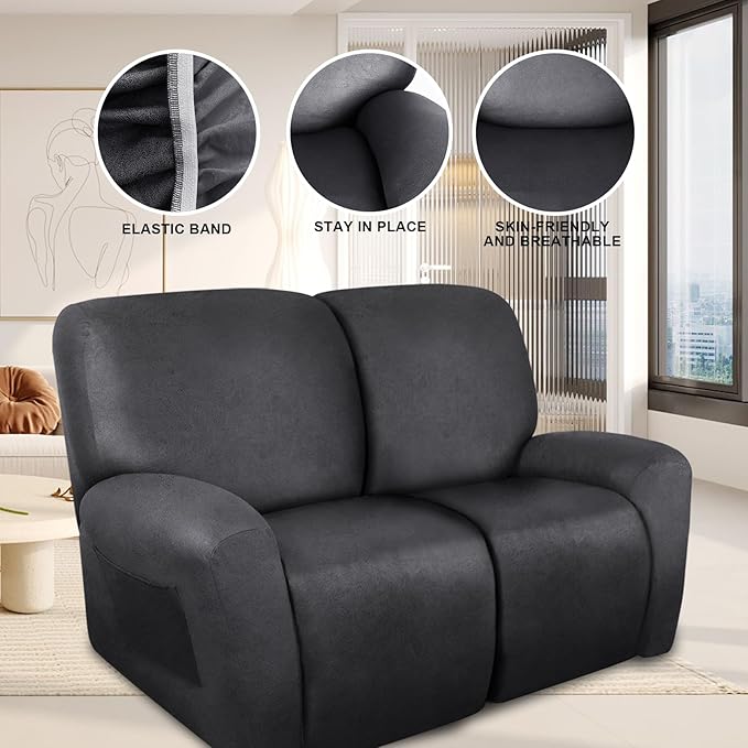 Loveseat Recliner Cover Leather Look Recliner Loveseat Covers Recliner Sofa Cover for 2 Seater Reclining Couch Spandex Fabric Washable 6 Pieces (2 Seater, 01 Dark Gray)