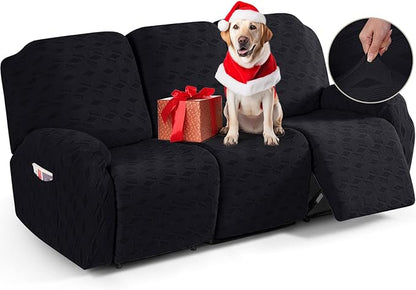TAOCOCO Recliner Sofa Covers Stretch Reclining Couch Cover, Jacquard Recliner Couch Cover for 3 Seat Furniture Protector Sofa Slipcovers with Elastic Bottom for Kids, Pets (Black)