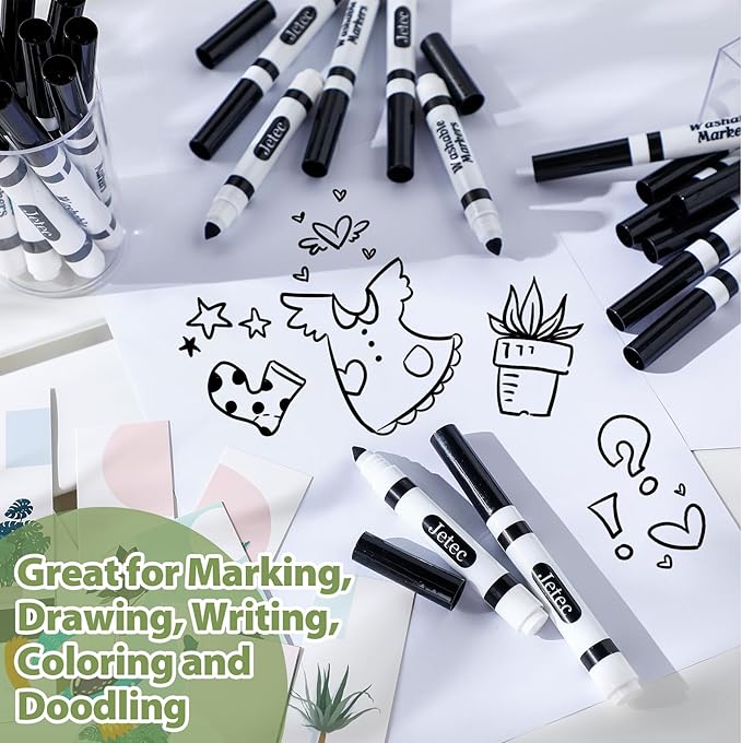 Janlaugh 144 Pcs Black Markers Bulk Washable Markers Set Broad Line Markers Broad Tip Classic Washable Markers for Kids, Teachers, Students, Party Favors, School Supplies, Donations