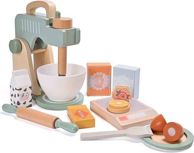 Play Kitchen Accessories, Pretend Play Food Sets for Kids Kitchen, Wooden Toy Mixer Set, Blender Bake Cookies Playset Cooking Kitchen Accessories Toys for Boys Girls Ages 3+