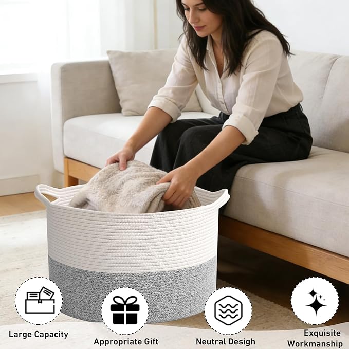 90L Large Blanket Basket,21.7"L x 21.7"W x 13.8"H Rope Woven Baskets with Handles, Toys Storage Bins,Laundry Basket Perfect for Living Room, Nursery,Bedroom,Home Organization,White&Grey