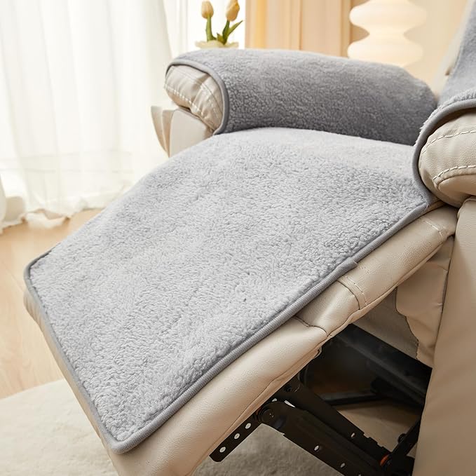 vctops Sherpa Fleece Recliner Chair Cover Super Soft Warm Plush Sofa Slipcover Furniture Protector Non Slip Washable Reclining Chair Cover for Kids, Pets (Light Grey,30"x91")