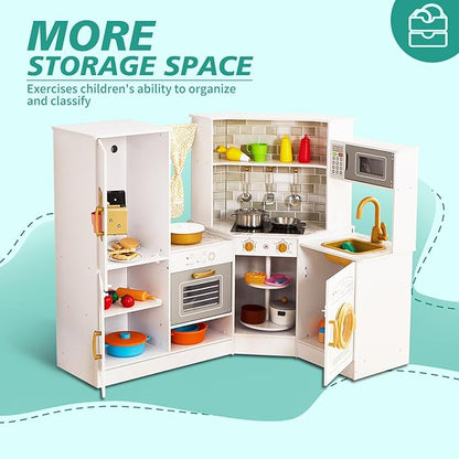 Kids Corner Play Kitchen Set, Wooden Pretend Play Kitchen with Metal Utensils Accessories, Fridge, Sink, Burner, Laundry Playset, Microwave Oven, Cake Turntable, Gifts for Ages 3-8