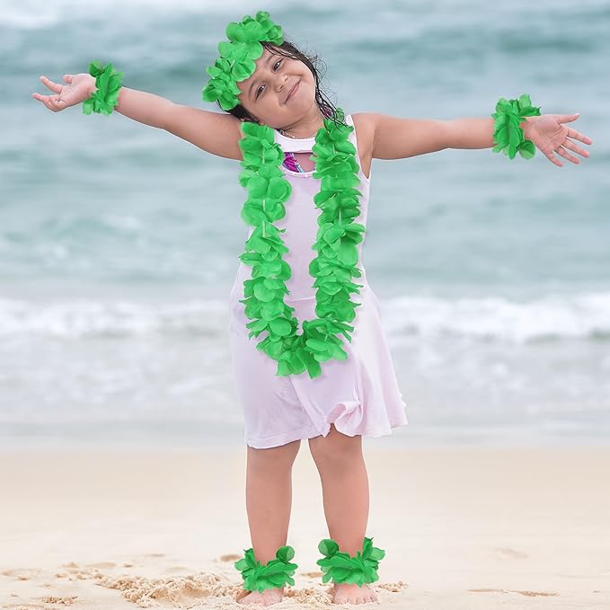 HOBBY HORSE 24 Pieces Hawaiian Luau Flower Leis Halloween Decor Leis Green Necklaces Bracelets Headband Anklets Set Tropical Party Favor for Halloween Cosplay Beach Wedding Birthday Party Supplies