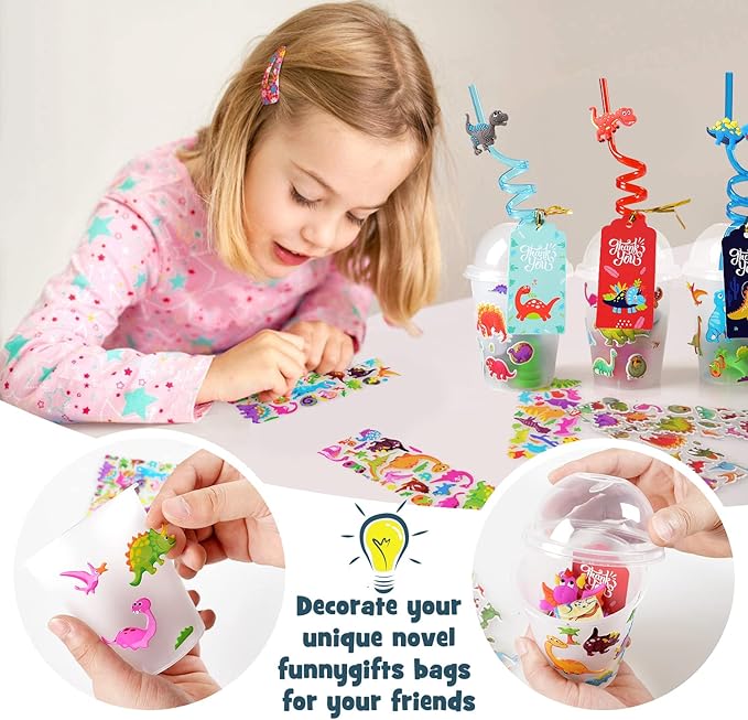 MOVINPE Dinosaur Party Favors Personalize Goody Cups with Gift Tags, Filled with Dinosaur Themed Reusable Straws Stampers Luminous Dinos Figure Slap Bracelets Keychains Rings 3D Stickers for Kids