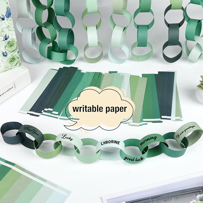 CHRORINE 600Pcs Colorful Paper Chains Strips for Birthday Party Decorations DIY Crafts Supplies (Green, 1 x 7.08 inches)