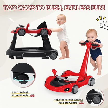 Baby Walker with Wheels, 7-in-1 Foldable Baby Walkers for Boys Girls 6-12 Months with Feeding Tray & Music, Lights,Rocker,Sun Canopy, Bouncing Pedal, Adjustable Wheel Speed, Push Walker (Red)
