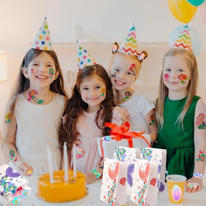 102Pcs Mermaid Party Favors Mermaid Bags Mermaid Slap Bracelets Rings Keychain Mermaid Hair Rings Temporary Tattoos Stickers for Kids Birthday Party Supplies Mermaid Goodie Bag Fillers